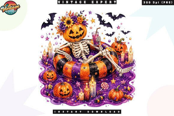 Download Relaxing Pumpkin Skeleton Pool Party PNG - Premium Resources